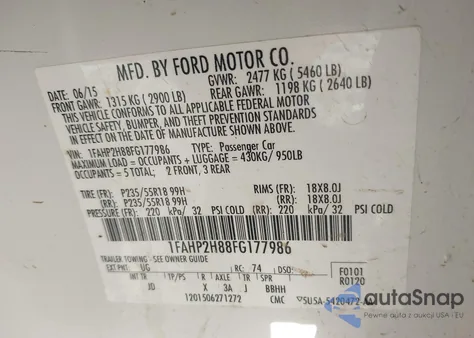 2015 Ford Taurus Sel из США, поврежденный, VIN 1FAHP2H88FG177986